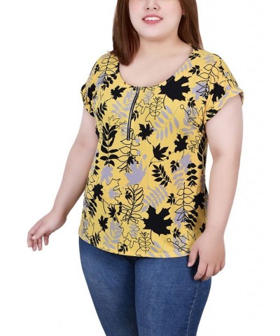 Plus Size Short Extended Sleeve Zip Top Yellow Silver Black $15.18 Tops