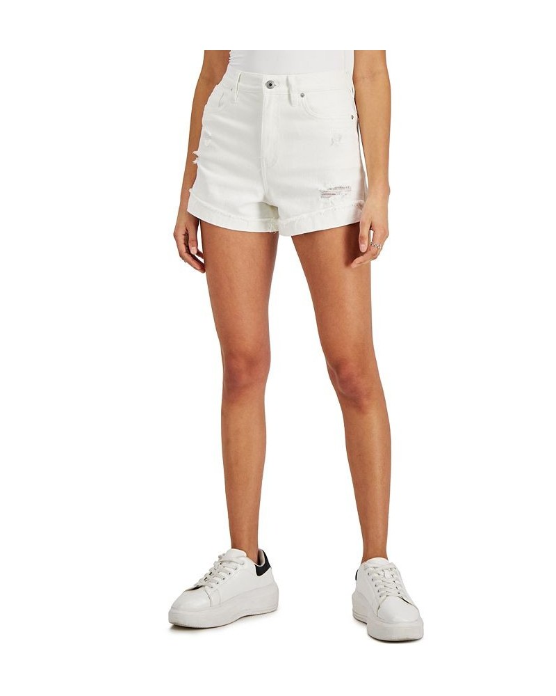 Juniors' Destructed Frayed-Cuff Curvy Denim Shorts Tart White $10.50 Shorts