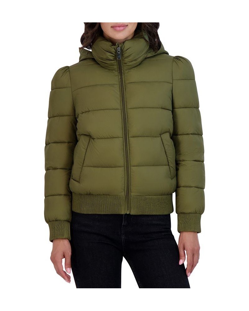 Women's Hooded Puff-Shoulder Bomber Puffer Coat Sage $73.50 Coats