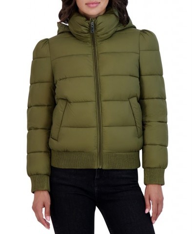 Women's Hooded Puff-Shoulder Bomber Puffer Coat Sage $73.50 Coats