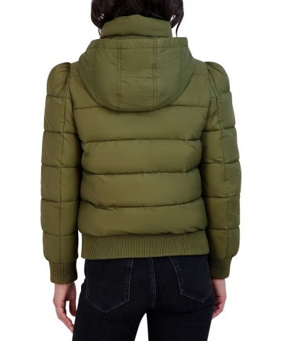 Women's Hooded Puff-Shoulder Bomber Puffer Coat Sage $73.50 Coats