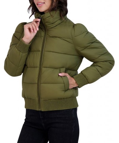 Women's Hooded Puff-Shoulder Bomber Puffer Coat Sage $73.50 Coats