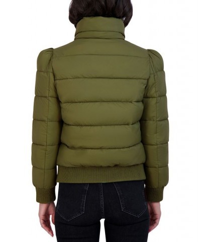 Women's Hooded Puff-Shoulder Bomber Puffer Coat Sage $73.50 Coats