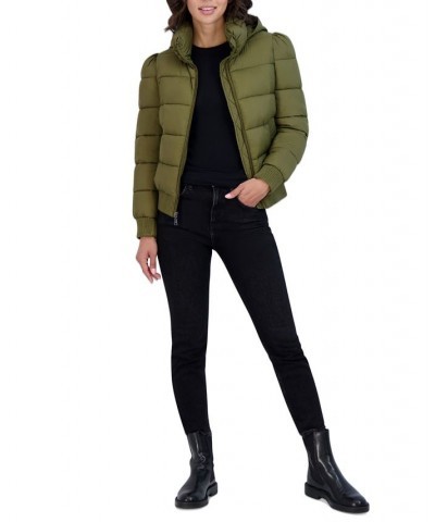 Women's Hooded Puff-Shoulder Bomber Puffer Coat Sage $73.50 Coats