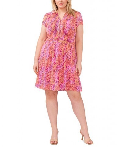 Plus Size Floral-Print Pintuck V-Neck Short-Sleeve Dress Fuchsia/Red $36.49 Dresses