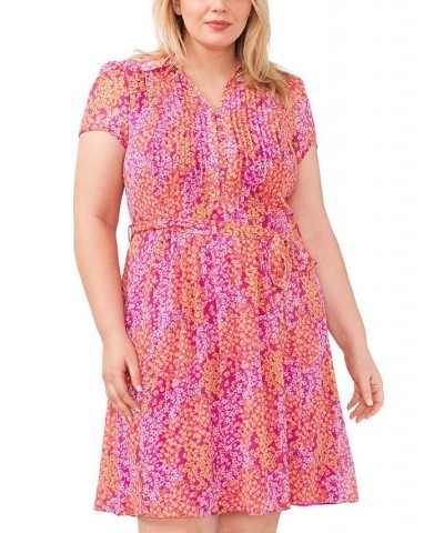 Plus Size Floral-Print Pintuck V-Neck Short-Sleeve Dress Fuchsia/Red $36.49 Dresses