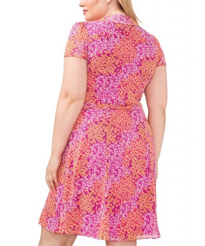 Plus Size Floral-Print Pintuck V-Neck Short-Sleeve Dress Fuchsia/Red $36.49 Dresses