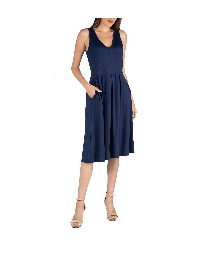 Fit and Flare Midi Sleeveless Dress with Pocket Detail Blue $24.93 Dresses