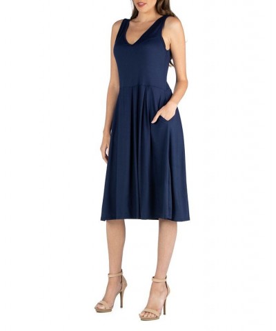 Fit and Flare Midi Sleeveless Dress with Pocket Detail Blue $24.93 Dresses