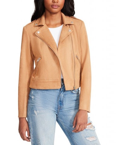 Women's Faux-Suede Zip-Front Moto Jacket Camel $38.15 Jackets