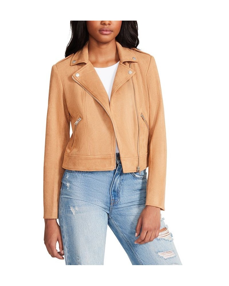 Women's Faux-Suede Zip-Front Moto Jacket Camel $38.15 Jackets