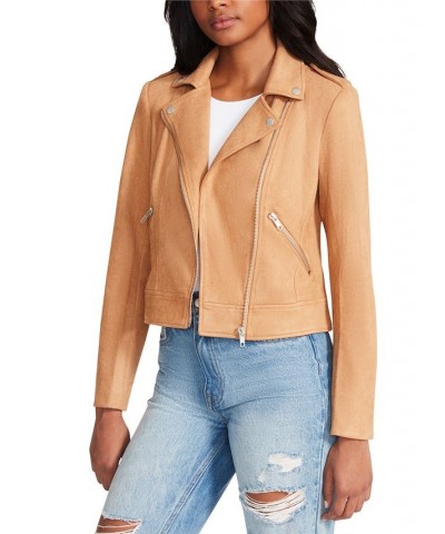 Women's Faux-Suede Zip-Front Moto Jacket Camel $38.15 Jackets