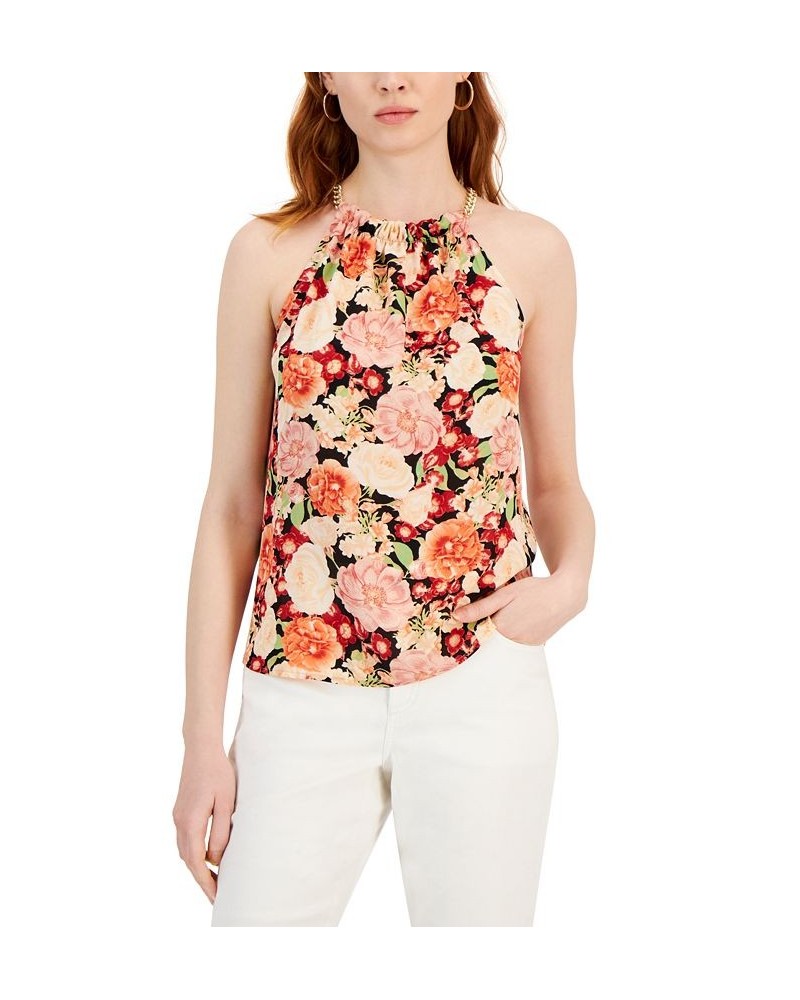 Women's Printed Chain-Trim Halter Top Pink $17.72 Tops