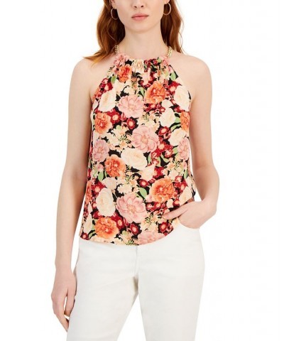 Women's Printed Chain-Trim Halter Top Pink $17.72 Tops