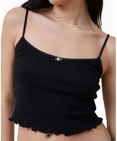 Women's Paige Lace Trim Pointelle Camisole Top Black $16.49 Tops