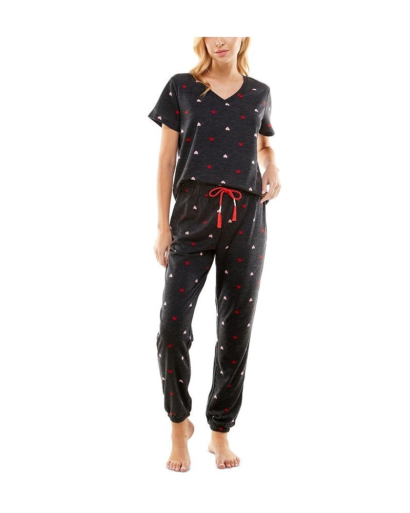 Women's Butterknit Printed Short Sleeve Top and Jogger Matching Set Black $14.52 Sleepwear