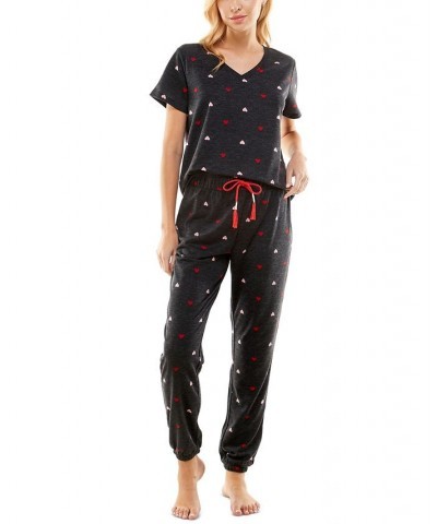 Women's Butterknit Printed Short Sleeve Top and Jogger Matching Set Black $14.52 Sleepwear