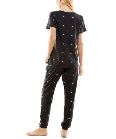 Women's Butterknit Printed Short Sleeve Top and Jogger Matching Set Black $14.52 Sleepwear