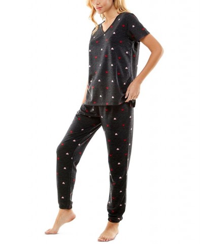 Women's Butterknit Printed Short Sleeve Top and Jogger Matching Set Black $14.52 Sleepwear