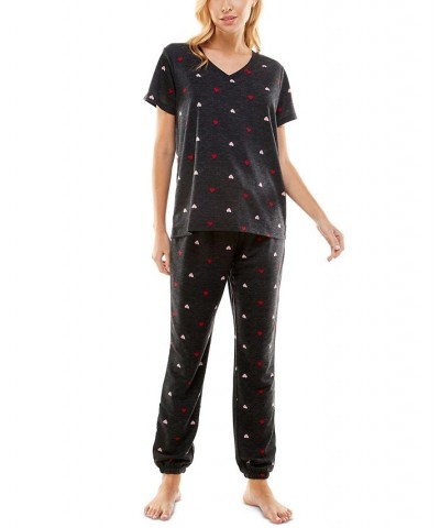 Women's Butterknit Printed Short Sleeve Top and Jogger Matching Set Black $14.52 Sleepwear