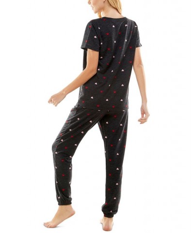 Women's Butterknit Printed Short Sleeve Top and Jogger Matching Set Black $14.52 Sleepwear