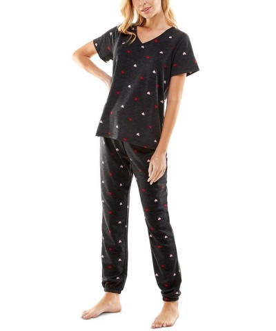 Women's Butterknit Printed Short Sleeve Top and Jogger Matching Set Black $14.52 Sleepwear