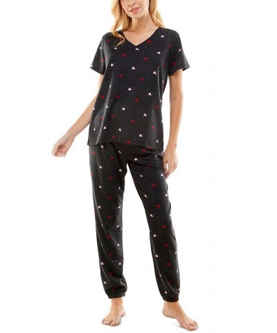 Women's Butterknit Printed Short Sleeve Top and Jogger Matching Set Black $14.52 Sleepwear