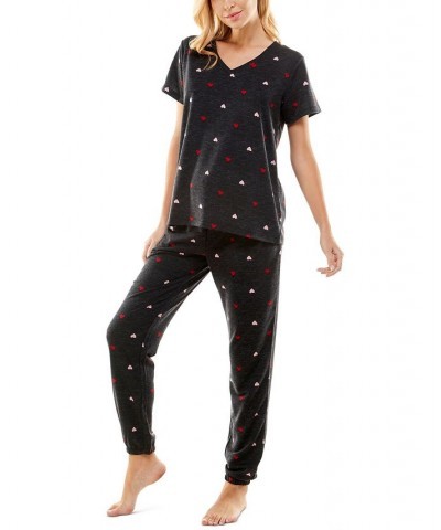 Women's Butterknit Printed Short Sleeve Top and Jogger Matching Set Black $14.52 Sleepwear