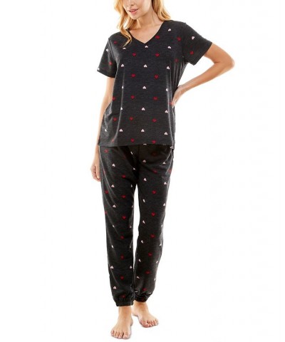 Women's Butterknit Printed Short Sleeve Top and Jogger Matching Set Black $14.52 Sleepwear