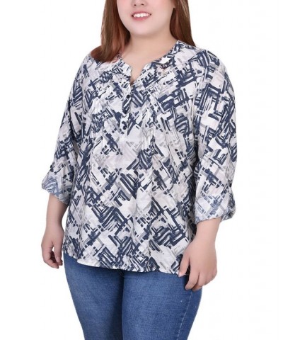 Plus Size 3/4 Roll Tab Sleeve Blouse Top Neutral Acute Lines $16.64 Tops