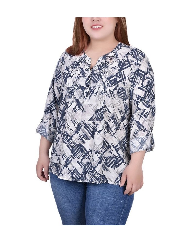 Plus Size 3/4 Roll Tab Sleeve Blouse Top Neutral Acute Lines $16.64 Tops