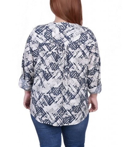 Plus Size 3/4 Roll Tab Sleeve Blouse Top Neutral Acute Lines $16.64 Tops