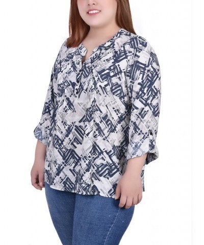 Plus Size 3/4 Roll Tab Sleeve Blouse Top Neutral Acute Lines $16.64 Tops