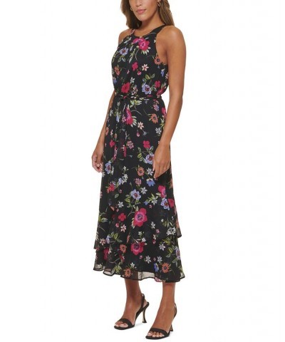 Petite Halter Belted Tiered-Hem Maxi Dress Berry Multi $73.01 Dresses