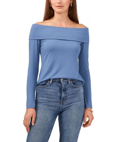 Women's Long Sleeve Cross Shoulder Knit Top Blue $25.26 Tops