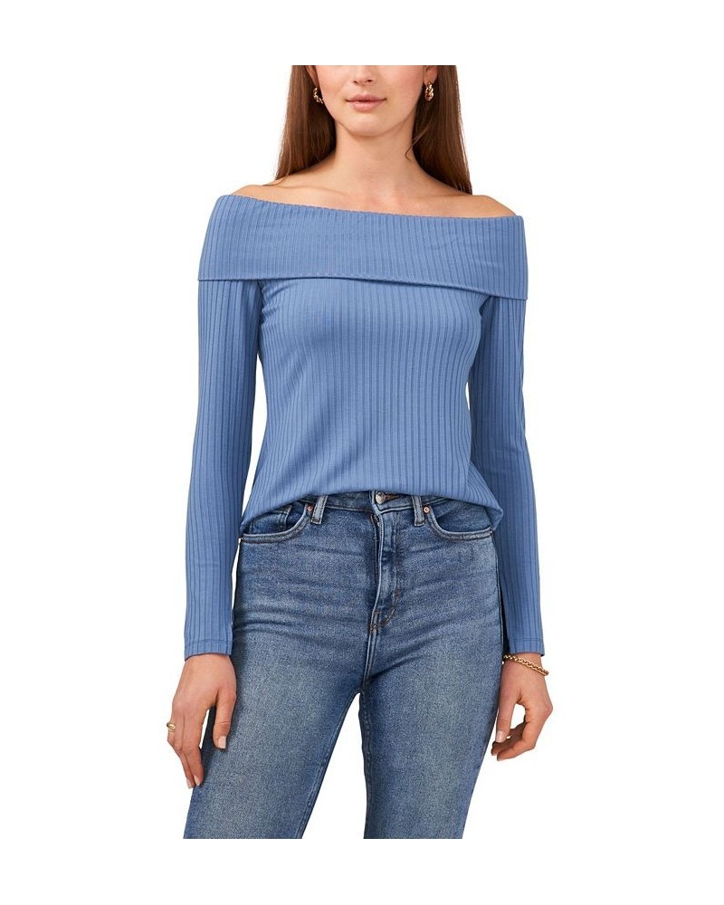 Women's Long Sleeve Cross Shoulder Knit Top Blue $25.26 Tops