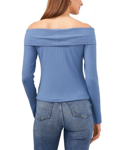 Women's Long Sleeve Cross Shoulder Knit Top Blue $25.26 Tops