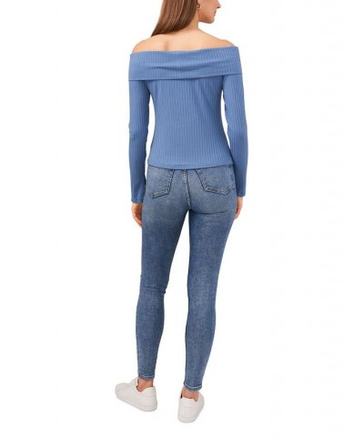 Women's Long Sleeve Cross Shoulder Knit Top Blue $25.26 Tops