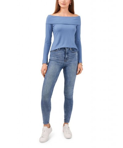 Women's Long Sleeve Cross Shoulder Knit Top Blue $25.26 Tops