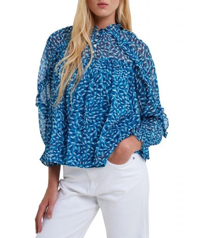 Women's Billi Printed Ruffled Blouse Mosaic Blue $41.36 Tops