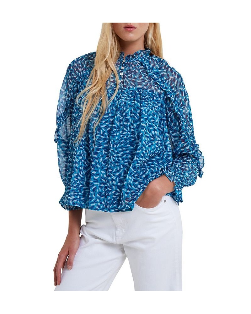 Women's Billi Printed Ruffled Blouse Mosaic Blue $41.36 Tops