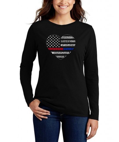 Women's American Woman Word Art Long Sleeve T-Shirt Black $17.02 Tops