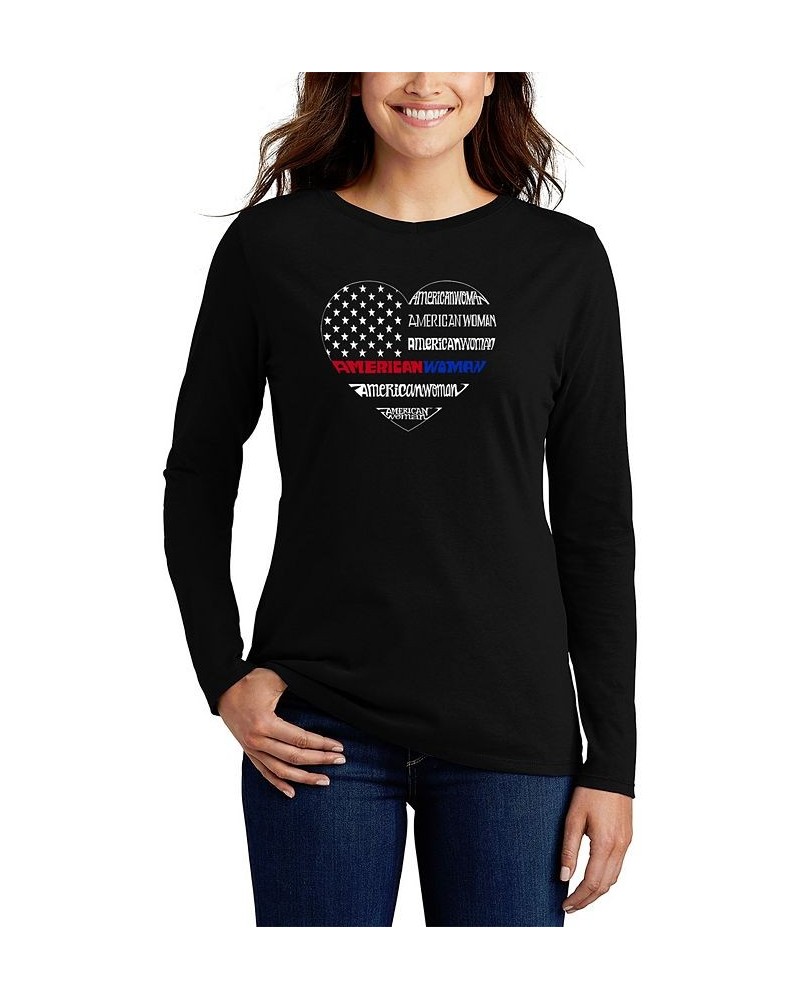 Women's American Woman Word Art Long Sleeve T-Shirt Black $17.02 Tops