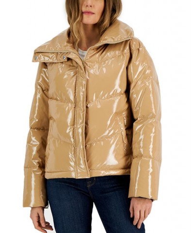 Women's Convertible-Collar Glossy Puffer Jacket Light/pastel Brown $151.50 Coats