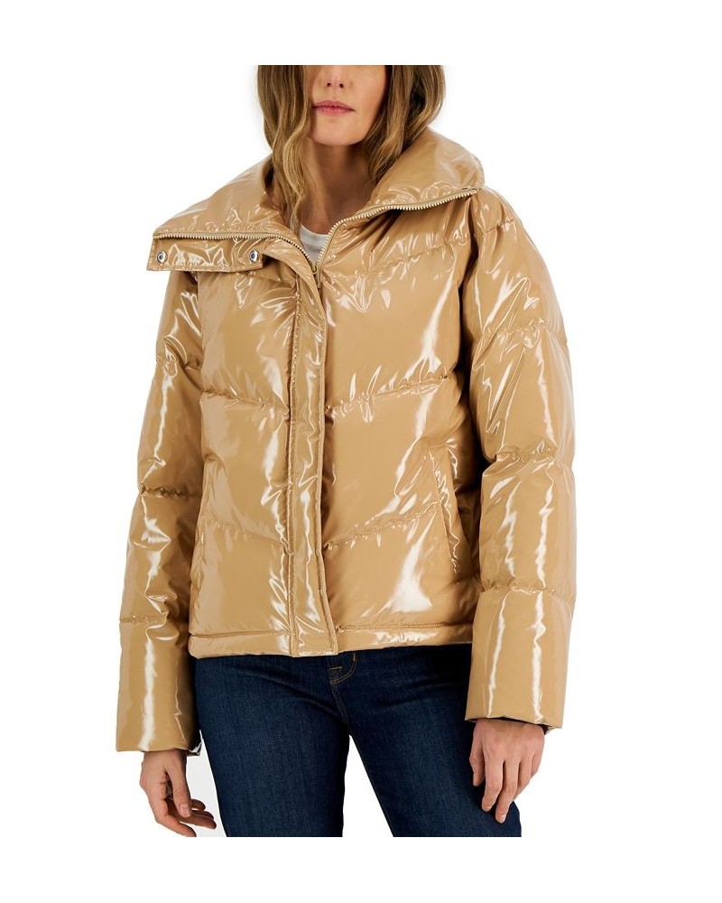 Women's Convertible-Collar Glossy Puffer Jacket Light/pastel Brown $151.50 Coats