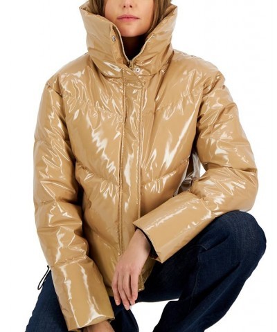 Women's Convertible-Collar Glossy Puffer Jacket Light/pastel Brown $151.50 Coats