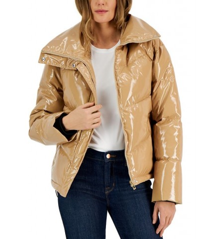 Women's Convertible-Collar Glossy Puffer Jacket Light/pastel Brown $151.50 Coats