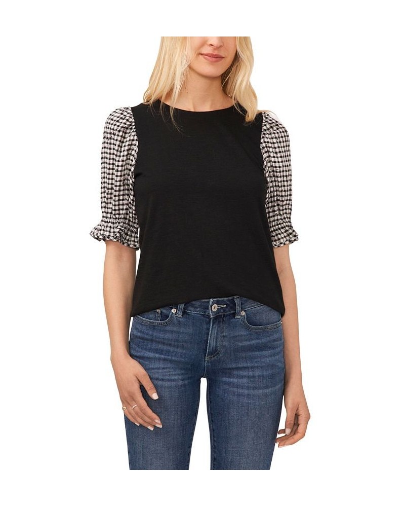 Women's Mixed-Media Plaid-Print Puff-Sleeve Tee Black $17.83 Tops