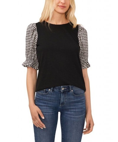 Women's Mixed-Media Plaid-Print Puff-Sleeve Tee Black $17.83 Tops