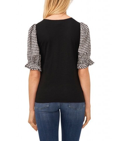 Women's Mixed-Media Plaid-Print Puff-Sleeve Tee Black $17.83 Tops